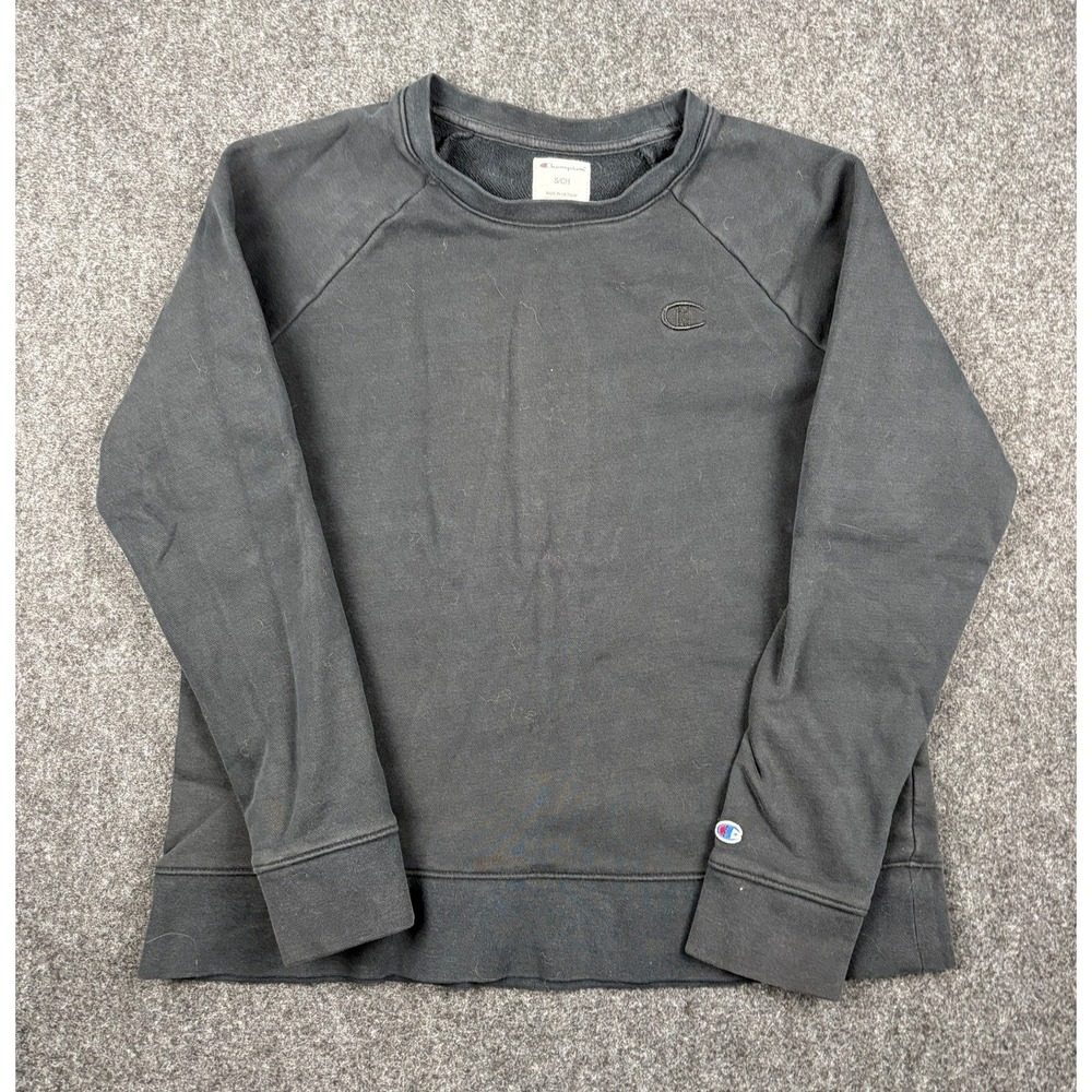 Champion Mens Small Black Raglan Crewneck Sweatshirt Fleece Pullover 1536896